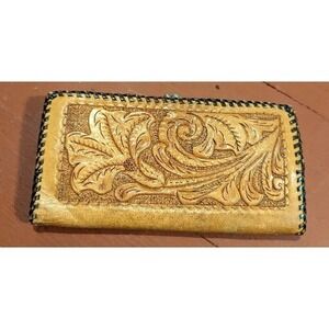 Vintage Handmade Western Leather Embossed Clutch Wallet Tooled Flowers